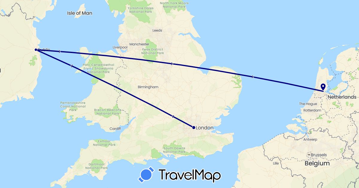 TravelMap itinerary: driving in United Kingdom, Ireland, Netherlands (Europe)